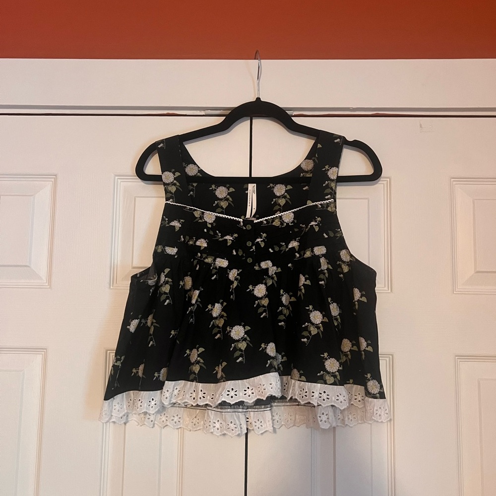 Anthropologie Black Tank Top with Ruffled Lace Trim and Boxy Fit